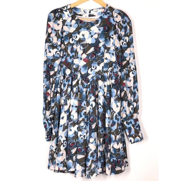 Peter Som Collective Blue Floral Empire Dress Mini Long Sleeves Flutter Hem US 4 - Picture 5 of 11